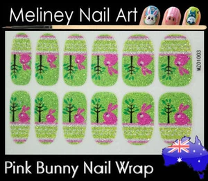Pink Bunny Full Cover Glitter Nail Art Wraps Stickers Pattern Easter Rabbit - Foto 1 di 2