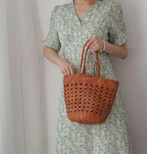 Women's Hand-Woven Genuine Leather & Rattan Handbag | Bamboo Handle Tote Bag - Picture 1 of 11