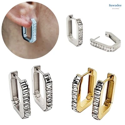 Orecchini donna a rettangolo in acciaio inox argento e oro con zirconi bianchi - Immagine 1 di 4