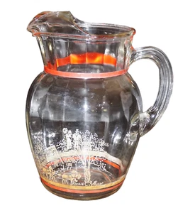 Rare Hazel Atlas Depression Glass 64 oz Ice Lip Pitcher Colonial American Scene! - Picture 1 of 12