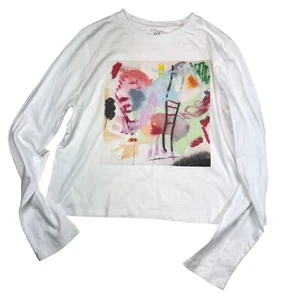 Gap Women's Colorful Graphic Long Sleeve T-Shirt Top White Size Large Cotton - Picture 1 of 6
