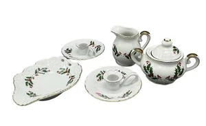 holly Christmas holiday dish & 2 candle holder set of 6 gold trim creamer READ - Picture 1 of 10