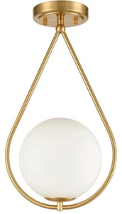 Industrial Brass Flush Mount Ceiling Light Ivory Glass Ceiling Light Fixture - Picture 1 of 5