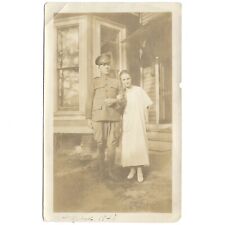 Antique WWI Era Photo Soldier Uniform & Pretty Girl Summer 1920 Vintage Snapshot