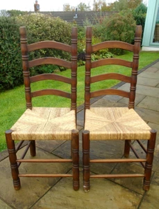 Pair of Vintage Stained Pine Rush Seat Ladder Back Kitchen Dining Chairs Bedroom - Picture 1 of 11