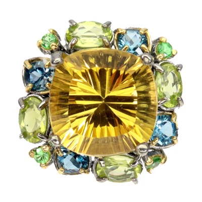 Estate 925 Anello Argento Concavo Citrino 13ct Tsavorite Fatto a Mano Gemma Sz 8 - Immagine 1 di 4