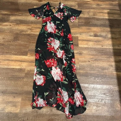 XL Dark Romantic Black Floral Maxi Dress Ruffle Sleeve Tie Back V-Neck High Slit - Image 1 of 4