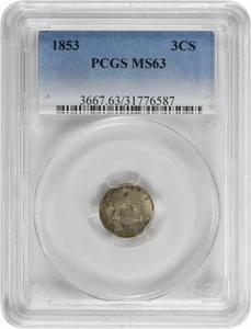 1853 Three Cent Silver MS63 PCGS - Picture 1 of 2