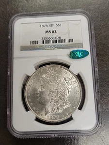 1878-P $1 8TF Morgan Silver Dollar NGC MS 62 CAC Uncirculated UNC - Picture 1 of 12
