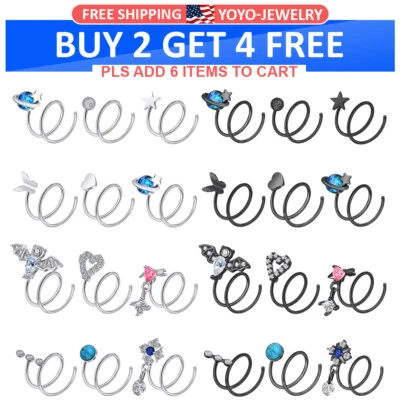 1-2PC 20G Double Hoop Spiral Nose Ring for Single Twist Earring Piercing Jewelry - Image 1 of 4