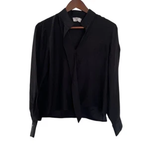 Camicetta cravatta seta denim con cornice piccola S noir nera popover top camicia manica lunga - Foto 1 di 5