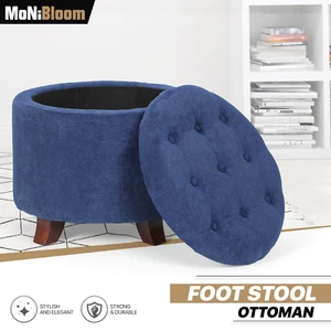 Reposapiés de entrada moderno acolchado otomano de almacenamiento redondo de 17" con patas de madera azul marino - Imagen 1 de 9
