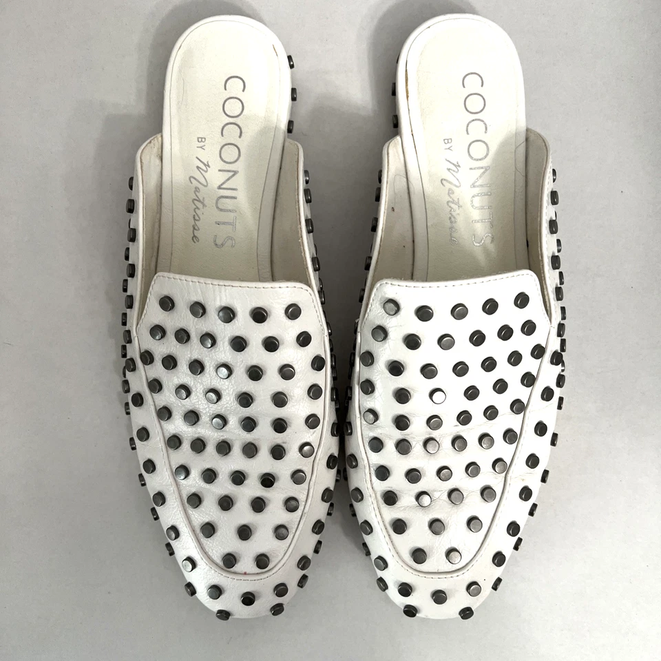 Coconuts By Matisse Shoes Size 9.5 Slides Silver Studded Slip On Flats White - Image 1 of 4