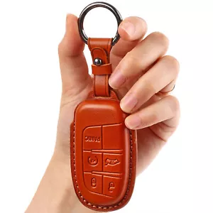LEATHER Key Fob Chain For Jeep Dodge Chrysler Accessories Cover Case Ring Pouch - Picture 1 of 15