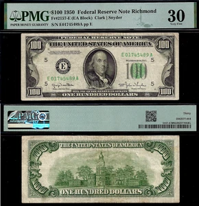 1950 $100 Federal Reserve Note PMG 30 - Richmond - Clark-Snyder Fr 2157-E - Picture 1 of 3