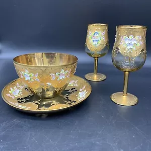 4 pc. VTG Czech Bohemian Gold Crystal w/ Applied Flowers - Goblets, Plate & Bowl - Picture 1 of 22