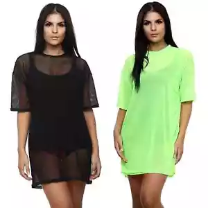 Ladies Oversized Sheer Mesh Fishnet T-Shirt Summer Short Sleeve Baggy Long Top - Picture 1 of 8