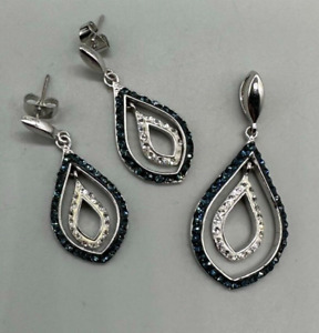 Womens Jewelry Set Blue White CrystalsTeardrop Pendant Earrings Silver Tone