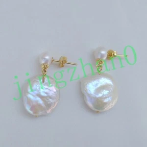 huge Genuine South Sea White Baroque Pearl Earrings 14k Yellow Gold P Stud  - Picture 1 of 6