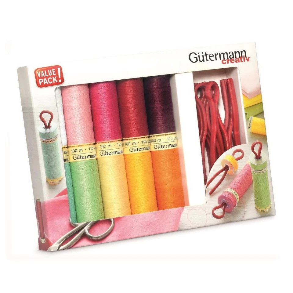 Gütermann Allesnäher + 10 Bobbin-Clips Nähfaden-Set (10 Farben / 100 m ) Nähgarn - Bild 1 von 1
