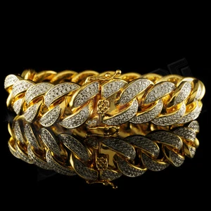 18K Gold Bling Out Iced CUBAN Miami Link MICROPAVE MEN Womens Bracelet 15mm - Picture 1 of 4