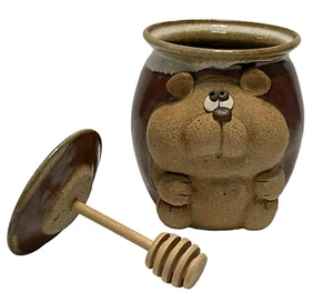 artisan crafted brown drip pottery honey bear Shaped pot with wand Honey Dipper - Picture 1 of 11