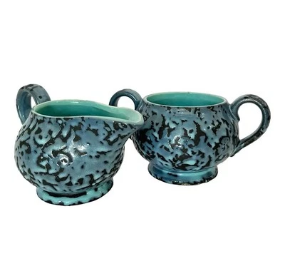 Mid Century McCoy Turquoise Brocade Sugar and Creamer Set - Image 1 of 4