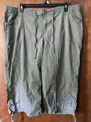 24w Womens Olive Colored Capris With Embroidery On Legs And Button And Tie Waist - Image 1 of 4
