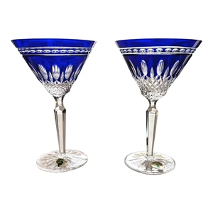 PAIR WATERFORD CRYSTAL CLARENDON BLUE MARTINI GOBLET WINE COUPE GLASS SET - Picture 1 of 5