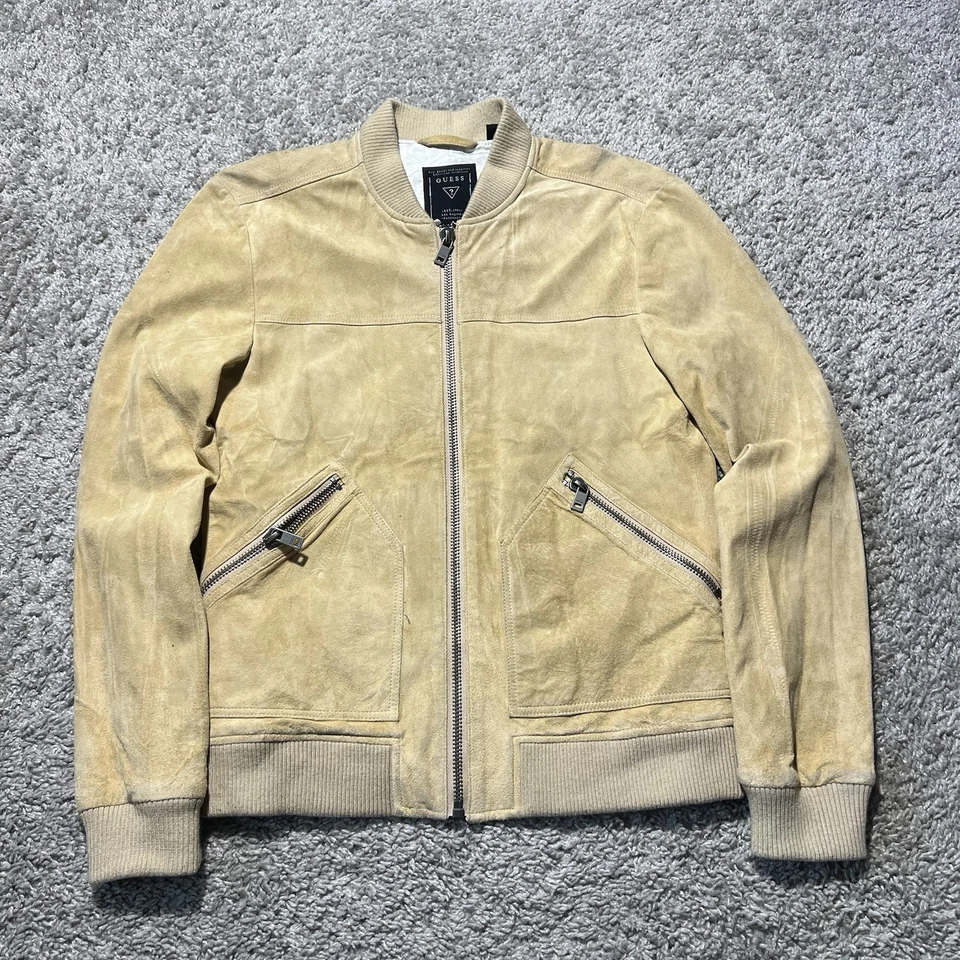 Chaqueta Bomber Guess Para Hombres Gamuza Cuero Tostado Beige XS Cremallera Completa Moto Café Racer Y2k Foto 1 de 4