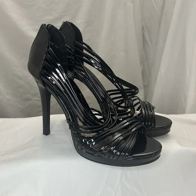 Zapatos chinos de tacón alto de aguja negros satinados con tiras para lavandería talla 8,5 sin caja Foto 1 de 4