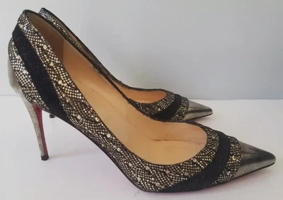 Christian Louboutin Eklectica 85 Black Gold Leather Pumps Heels Shoes Size 37.5 - Image 1 of 4