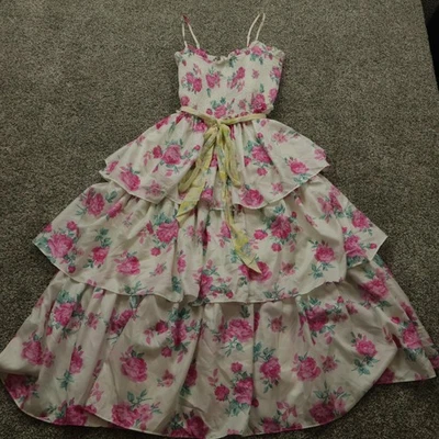 LoveShackFancy Dress Womens Small Pink Floral Tiered Maxi Smocked Ruffle Belted - Image 1 of 4