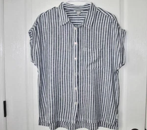 Camisa para mujer Orvis MED azul blanco a rayas mezcla de lino manga corta con botones - Imagen 1 de 16