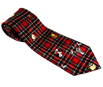 1993 Looney Tunes Men Tartan Plaid Necktie Taz Bugs Daffy Porky Tweety Vintage - Image 1 of 3
