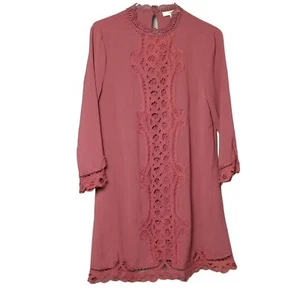 Entro Size S Dusty Pink Dress Long Sleeves Lace Accent Keyhole Flowy Boho Fairy - Picture 1 of 17