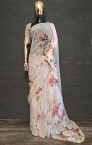 Floral Printed Saree Party Wear Indian Designer Sari with Pearl Lace Border - Picture 1 of 1