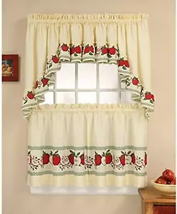 CHF Red Delicious Country Apples 3-Piece Window Curtain Tier Set, Ivory, 56-Inch - Picture 1 of 12