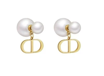 Designer Pearl Double Sided Stud Earrings in White/Gold - Image 1 of 3