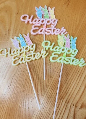 3 Vintage Plastic Pink Purple Yellow EASTER Cake Cupcake PICK TOPPER Bunny - Image 1 of 4