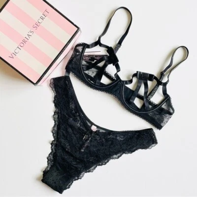 MEDIUM Victoria’s Secret black harness bow bling bra set lace brazilian panties - Image 1 of 4