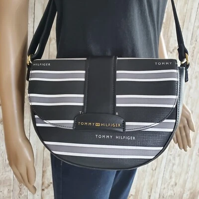 Tommy Hilfiger Bolso de Mano a Rayas Gris, Blanco y Negro, Cartera, Bolso de Hombro NUEVO Foto 1 de 4
