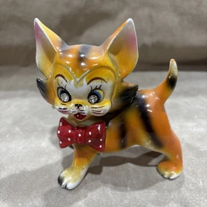 Statuina vintage gatto arancione antropomorfo fiocco rosso 6" made in Japan - Foto 1 di 4