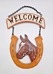 Rustic Cast Iron Welcome Horse in Horseshoe Brown Hanging Farmcore VTG - Picture 1 of 6