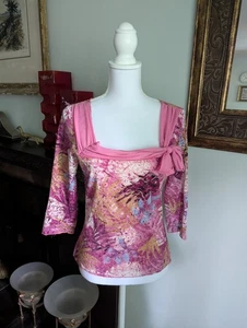Y2K Lace Top Women's Medium Pink Tropical Floral Bow Sash Square Neckline - Picture 1 of 9