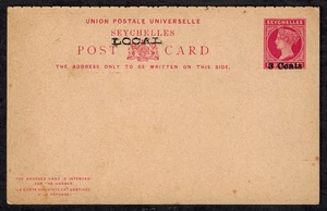 Seychelles 1902 QV Postcard 4 Cents Red w/ 3 Cents SURCHARGE & Reply Card - Picture 1 of 2