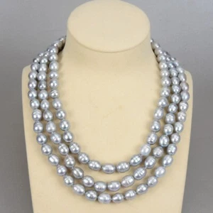 18''-21'' 3 Strands Natural Grey Rice Pearl Necklace Classic For Women - Picture 1 of 6