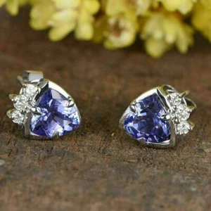 3Ct Trillion Cut Blue Tanzanite Diamond Halo Stud Earrings 14K White Gold Finish - Picture 1 of 5