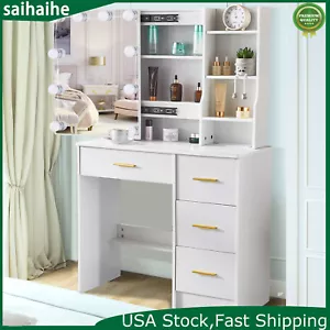 Dressing Table w/ Charging Station and 10 LED Lights Mirror Bedroom Vanity Desk - Picture 1 of 13
