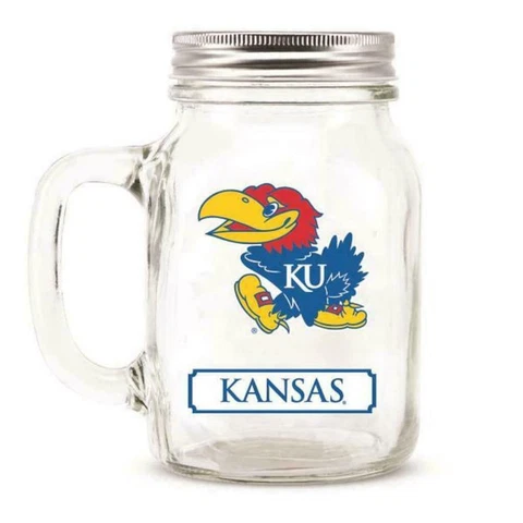 NCAA University of Kansas Jayhawks Mason Jar 20oz Glass With Lid Mug Cup Cover